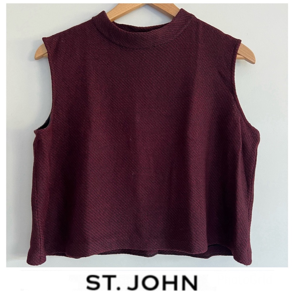 ST. JOHN x Marie Gray Burgundy Black Knit Cropped Mock Neck Sleeveless Top Sz L